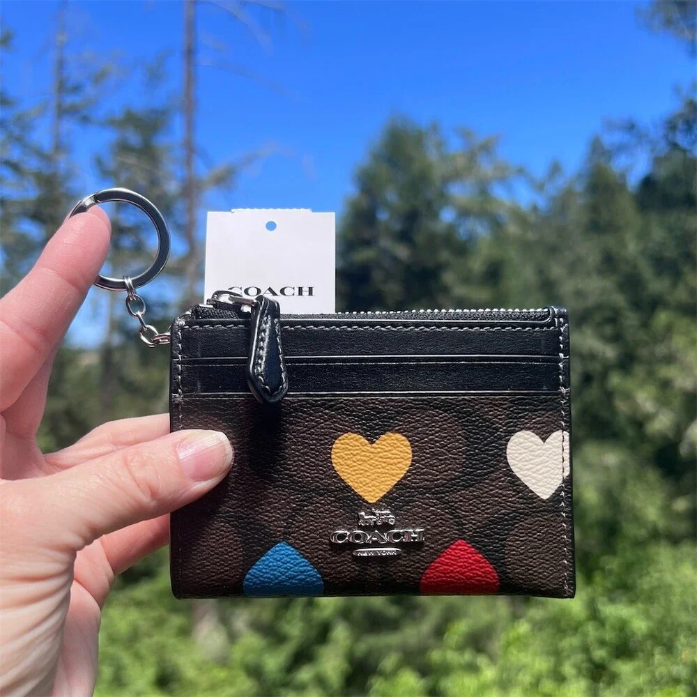 COACH Mini Skinny ID Case Key Chain Wallet Brown Signature Heart Print NWT